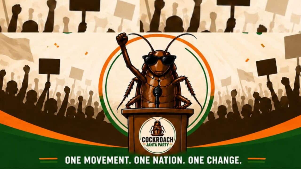 Illustration of a cartoon cockroach wearing sunglasses and raising a fist while speaking at a podium labeled “Cockroach Janta Party,” surrounded by a cheering protest crowd holding signs.