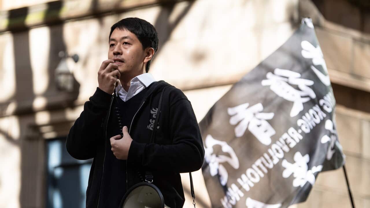 Former Hong Kong Politician Ted Hui speaking during a rally to show concern for the increasing Chinese influence in Australia and to show support to Hongkongers, in Sydney, Saturday, June 12, 2021. (AAP Image/James Gourley) NO ARCHIVING