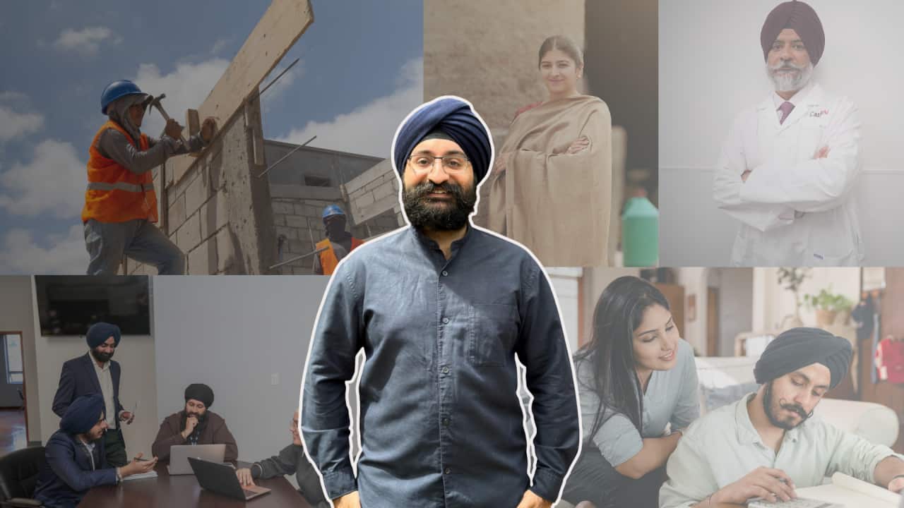 Image of Amardeep Singh from YSPN superimposed on a collage featuring men and women from the Sikh community working across different fields, including construction work, healthcare, business meetings, education, etc.