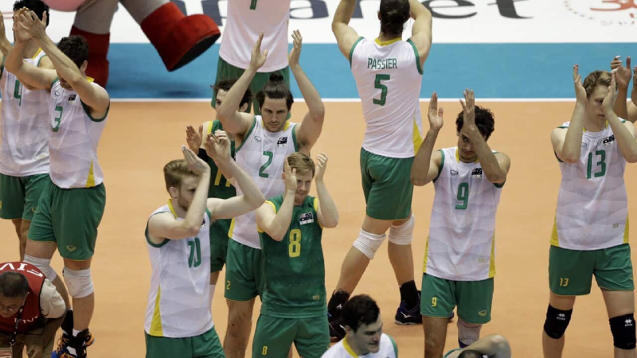 Members of the Australian volleyball team celebrate