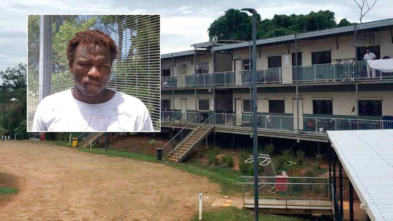 An image provided by Abdul-Aziz Adam of the East Lorengau Refugee Transit Center on Manus Island, with him in the inset image.