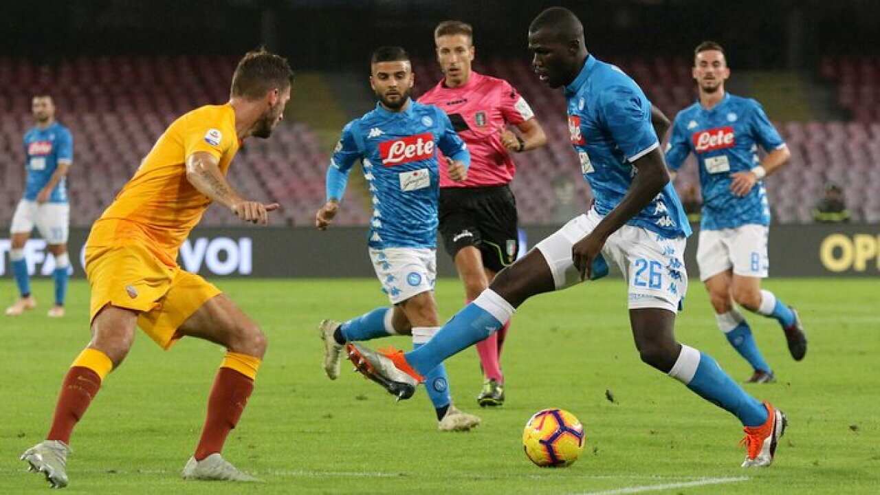 Napoli's defender Kalidou Koulibaly (R) during italian Serie A soccer match between SSc Napoli and AS Roma.
