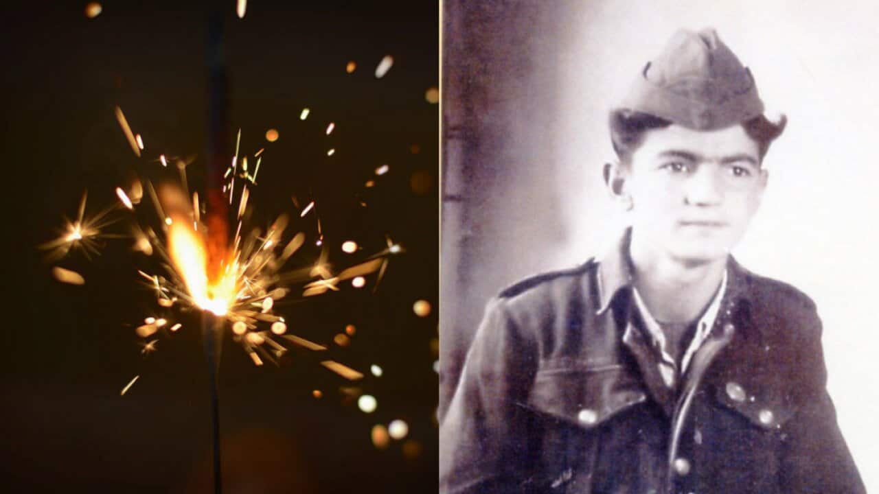 Compilation photo of fireworks and Greek child soldier