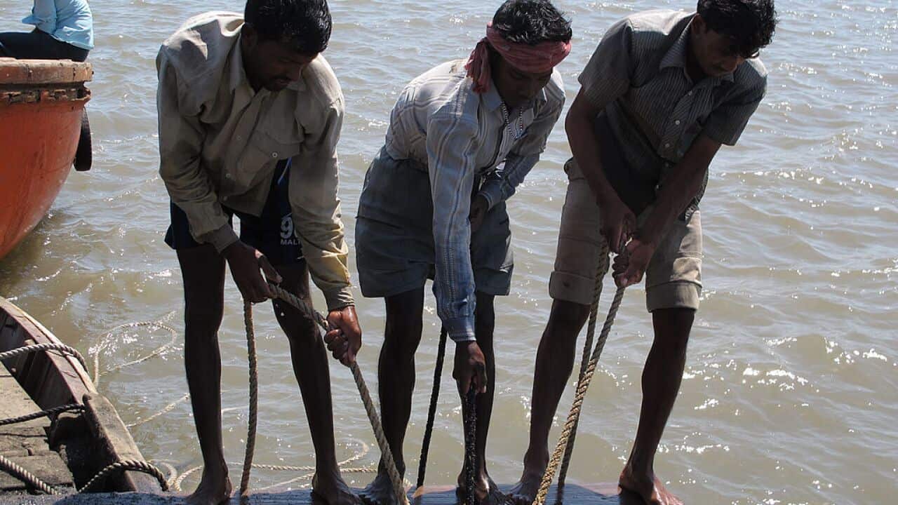 Sand being manually excavated from the Vaitarna creek by dozens of fishing boats near Narangi village.