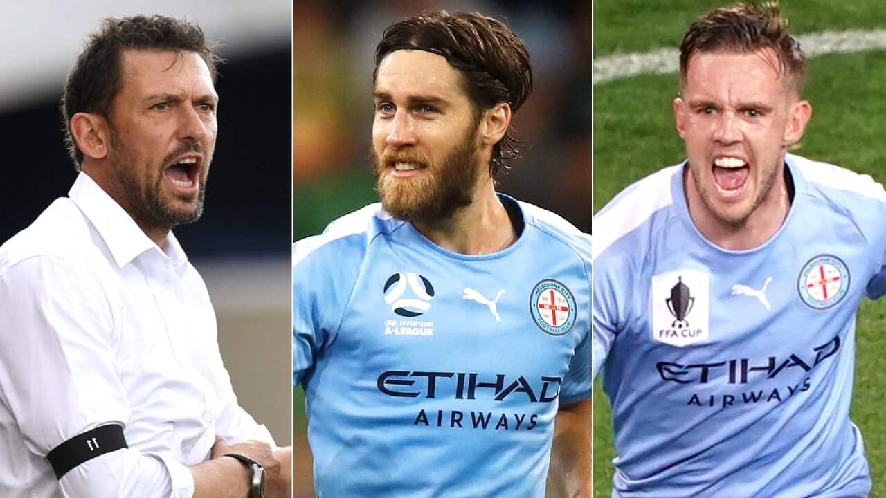 Tony Popovic (L), Josh Brillante (C), Craig Noone