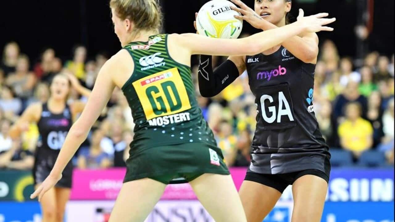 Maria Tutaia of New Zealand and Karla Mostert of South Africa