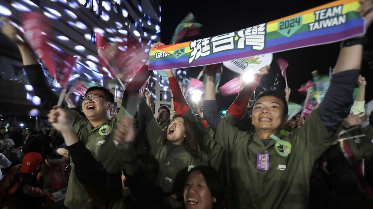 Supporters of Taiwan's 2024 presidential election candidate, Taiwan vice president Lai Ching-te, also known as William Lai, cheer after Lai's victory, in Taipei, Taiwan, Saturday, Jan. 13, 2024.