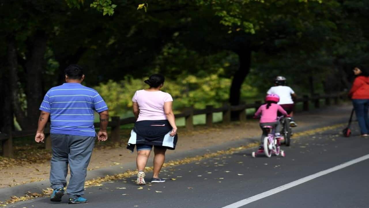 A young family walk and cycle in a park