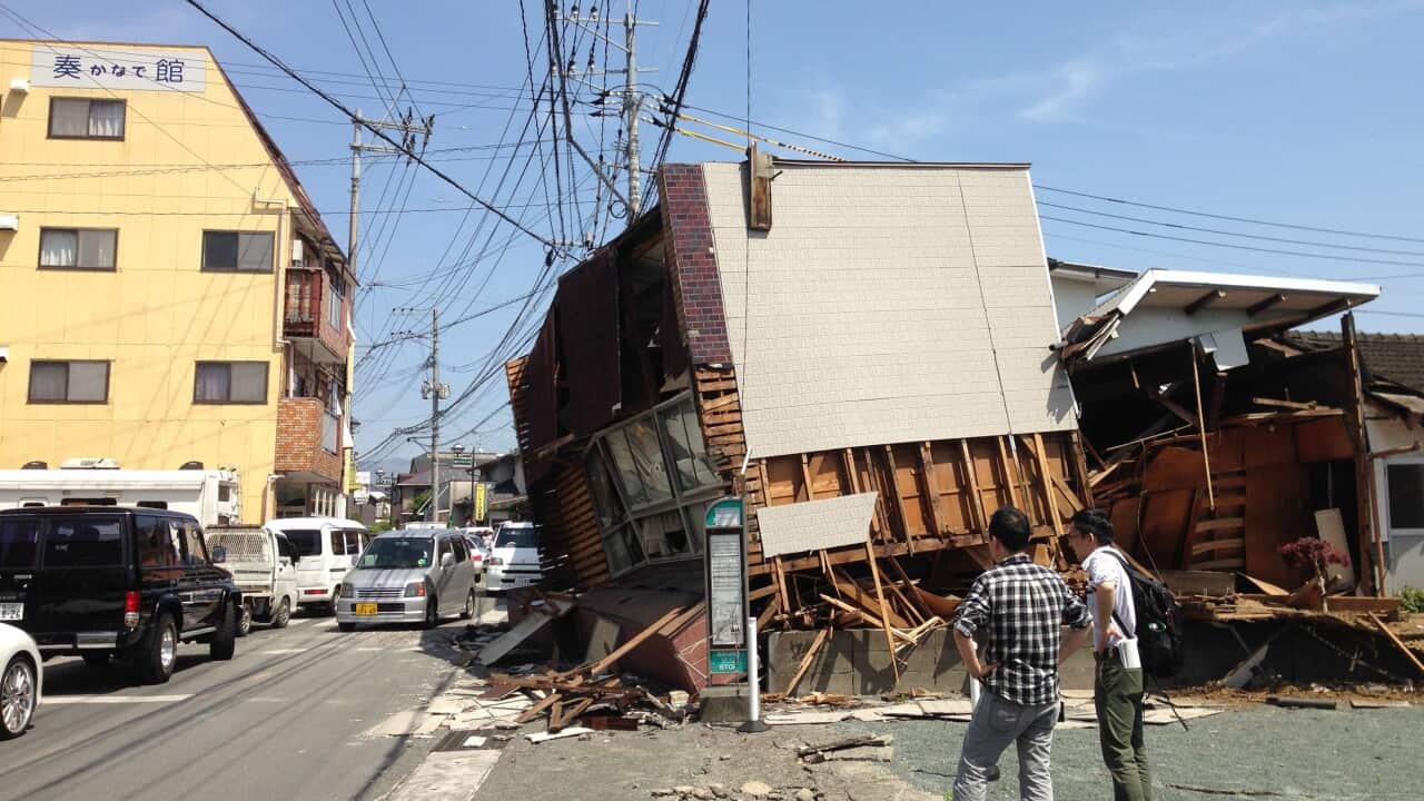 A handout photograph made available on 16 April 2016 by Kirk Masden shows a collapsed building in a residential area of Mashiki. (EPA/HO KIRK MASDEN)
