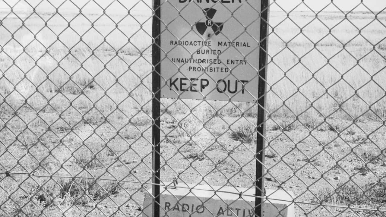 radioactive warning sign Maralinga village in South Australia in 1952 aap.jpg