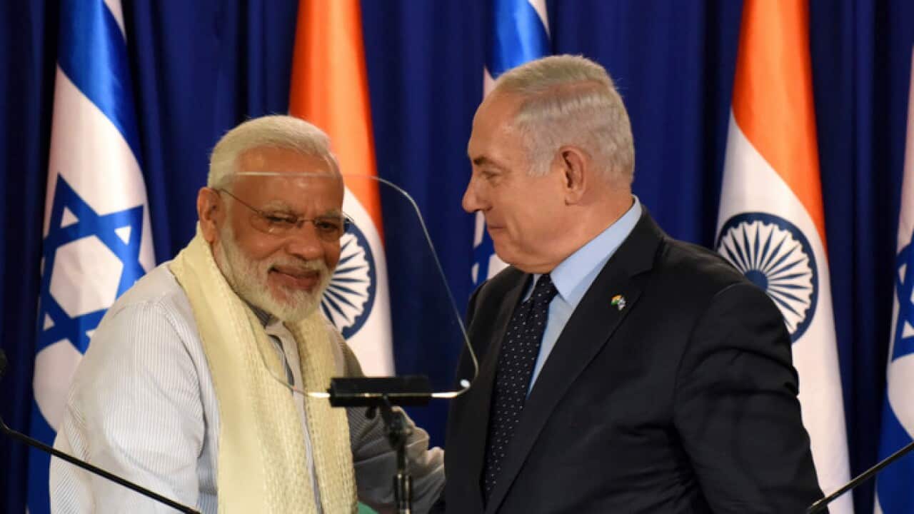 Indian Prime Minister Narendra Modi, and Israeli PM Benjamin Netanyahu at Netanyahu's residence