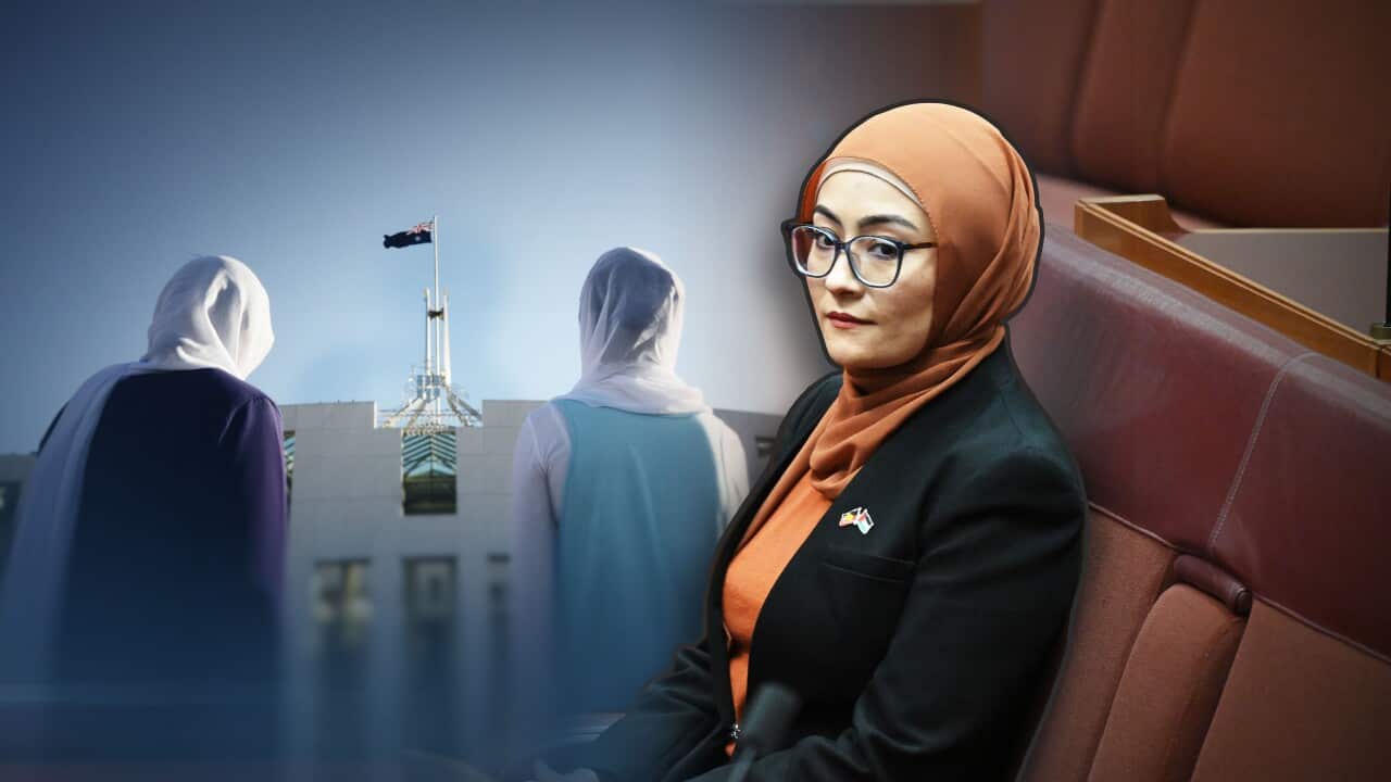 A composite photo of two women wearing headscarves out the front of Parliament House, and Fatima Payman sitting in parliament.