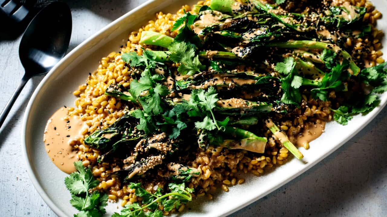 Charred gai larn and farro with soy tahini