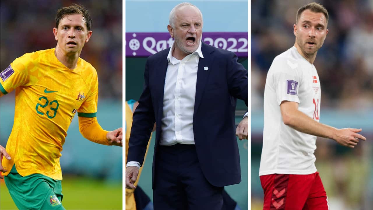 Socceroos winger Craig Goodwin, coach Graham Arnold and Denmark's Christian Eriksen