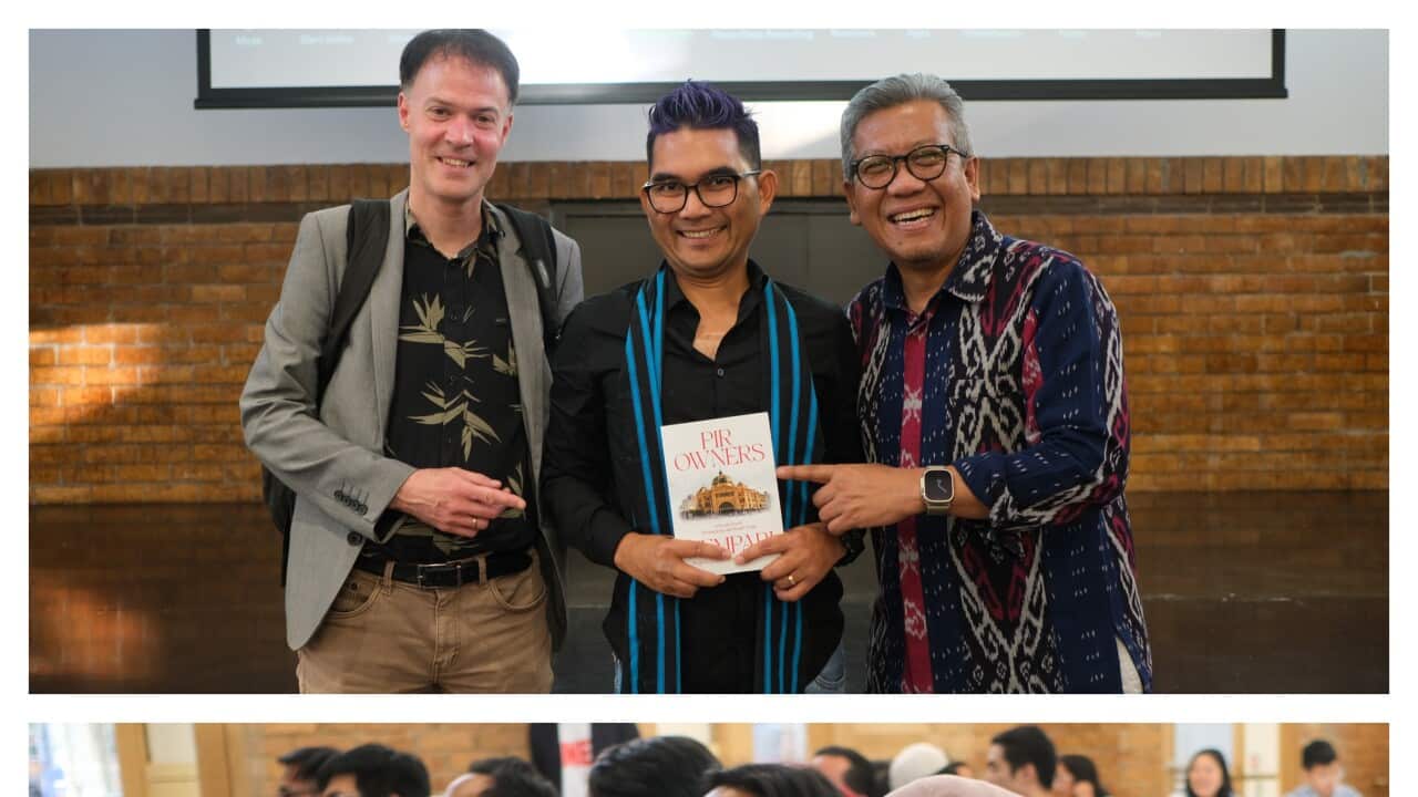 Top: From the left, Prof Edwin Jurriens from Asia Institute at Melbourne university, Pir Owners PhD and the Indonesian Consul General of the Republic of Indonesia in Melbourne at the lauch of NIMPARI, 15 Dec 2023. (Supplied). Bottom: The people who attended the book launch at Melbourne University, 15 Dec 2023. (Supplied).