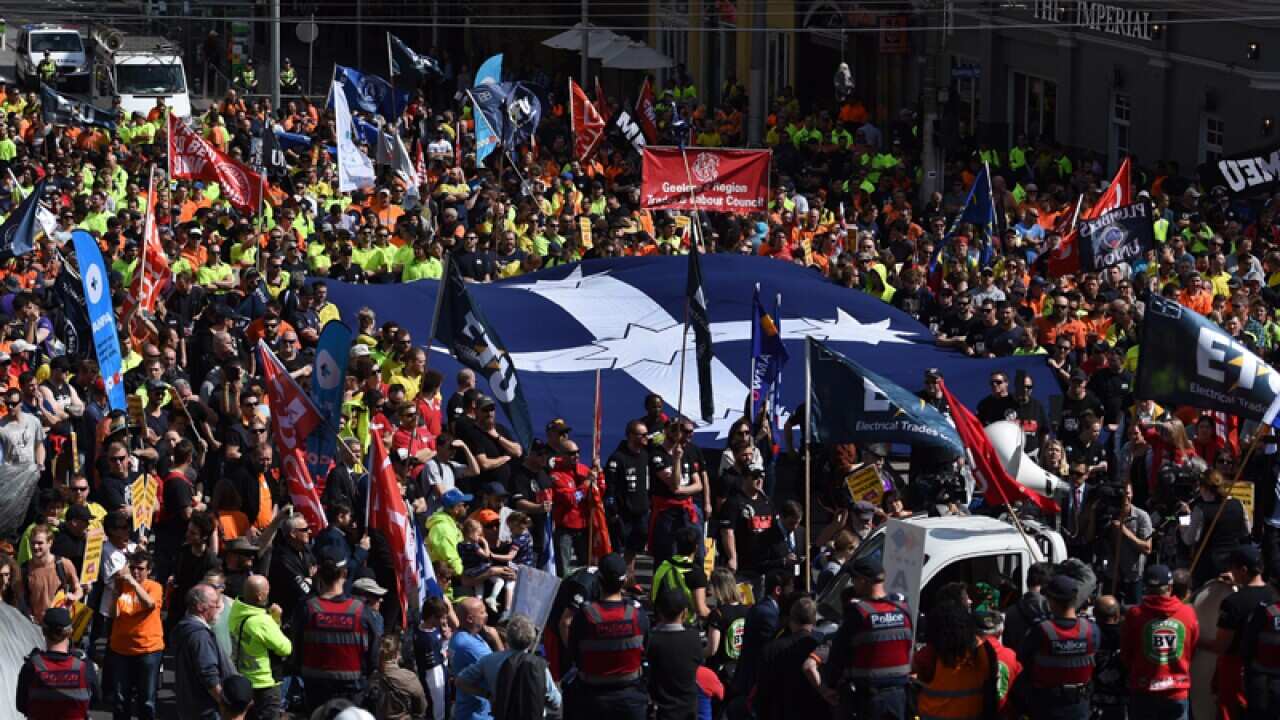 Thousands of unionists attend a rally in Melbourne