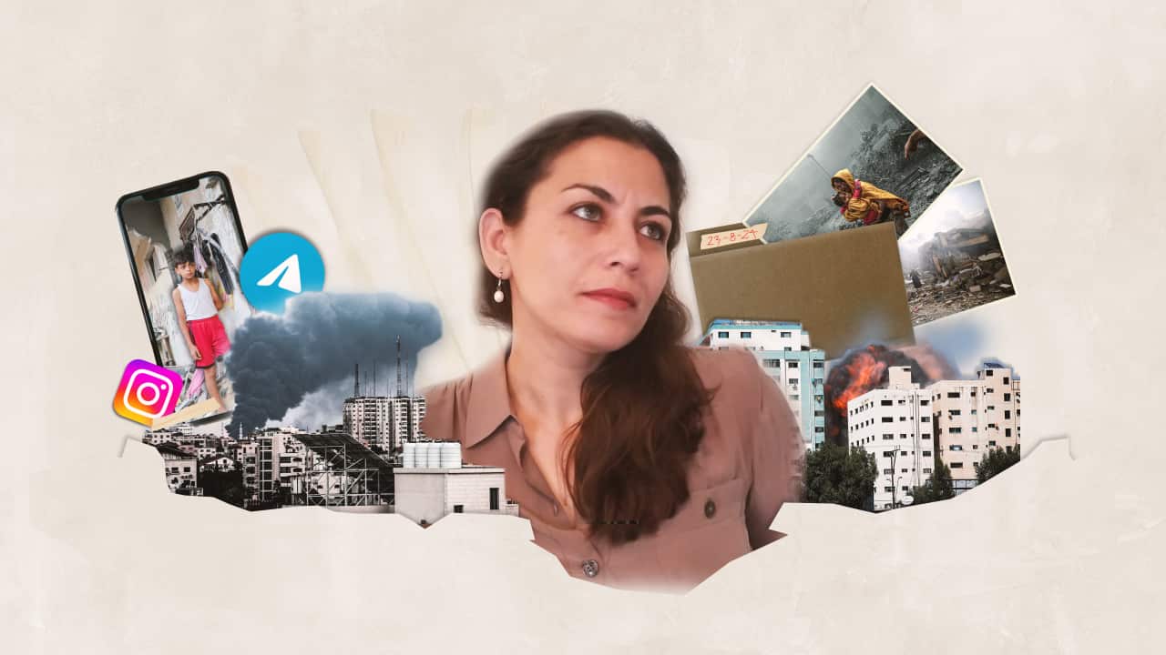 A collage with a woman in dark hair and pearl earring at the centre and around her images of social media icons and buildings being bombed.