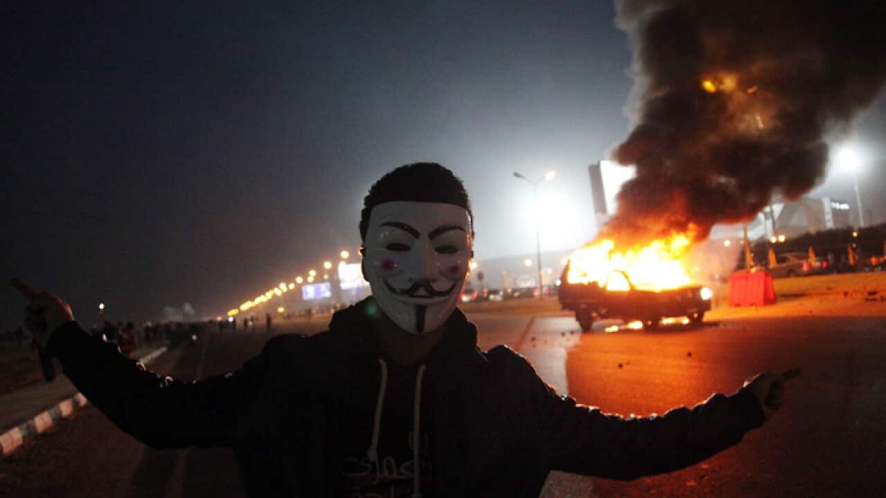 An Egyptian Zamalek soccer club fan outside a sports stadium in Cairo