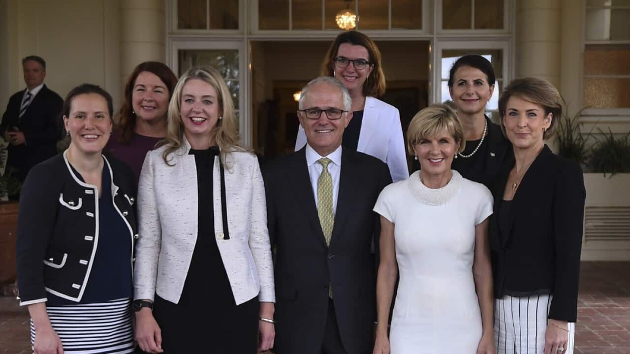 Prime Minister Malcolm Turnbull with female members of his frontbench including Kelly O'Dwyer (left).