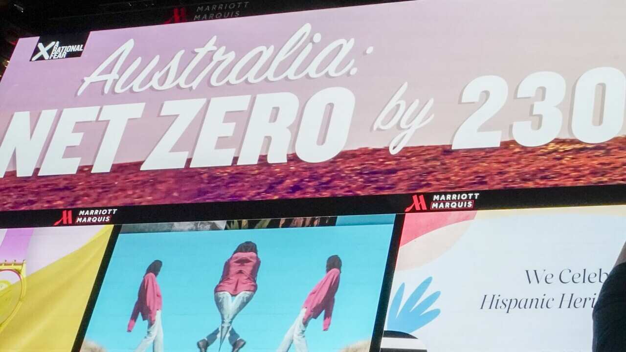 New York's Times Square electronic billboard displaying artwork criticizing Australia for its inaction on climate change.