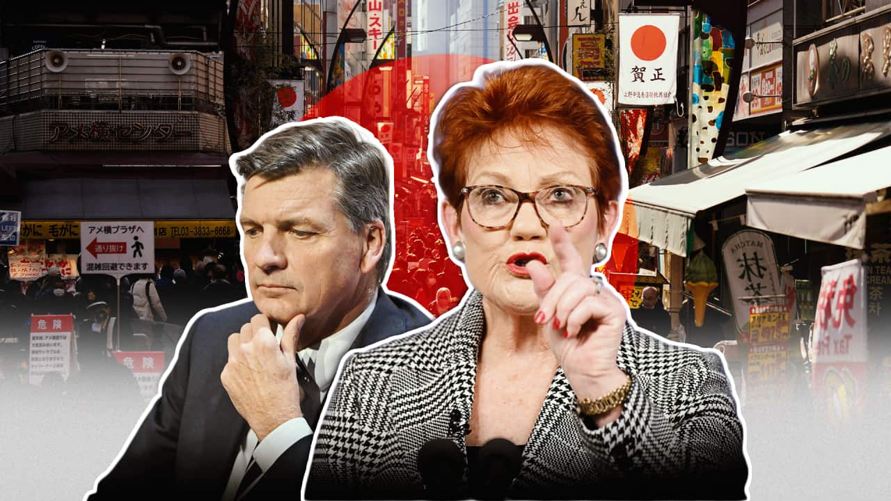 Cutout photographs of One Nation leader Pauline Hanson and Opposition leader Angus Taylor overlaid on a busy Japanese streetscape, showing a Japanese flag.