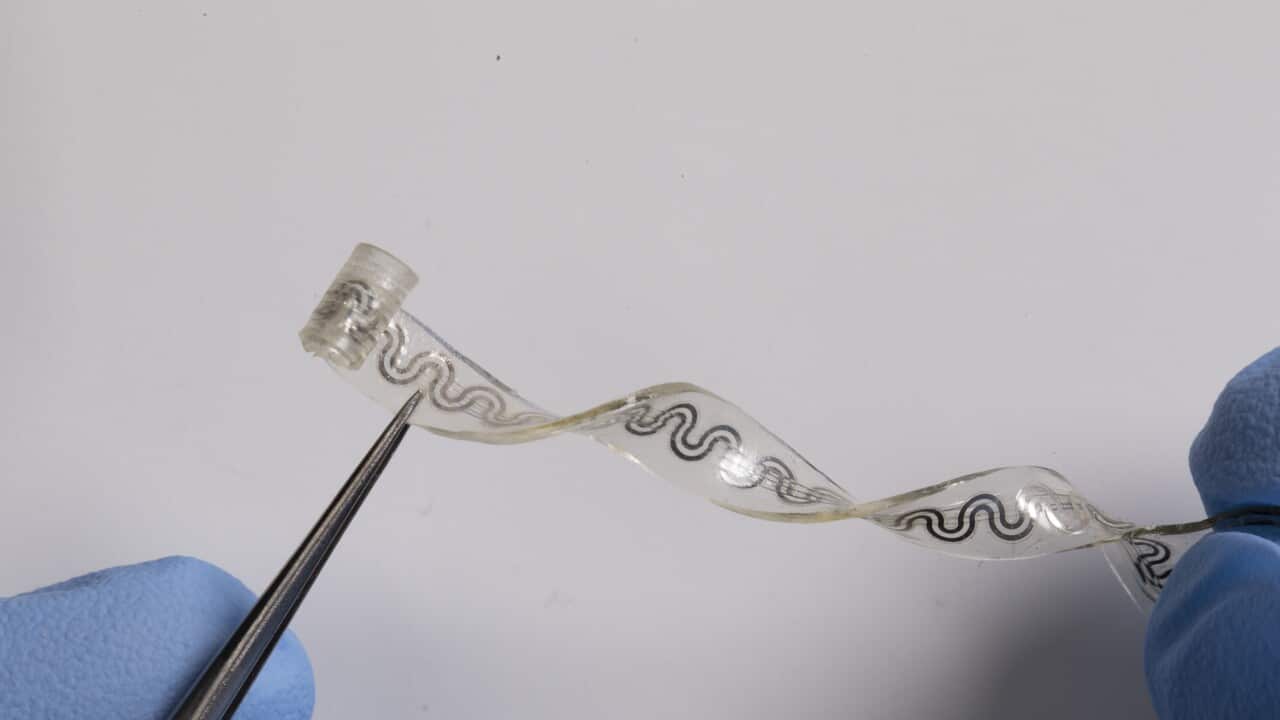 The soft flexible device bends and stretches with the body, without the need for bulky, rigid hardware.