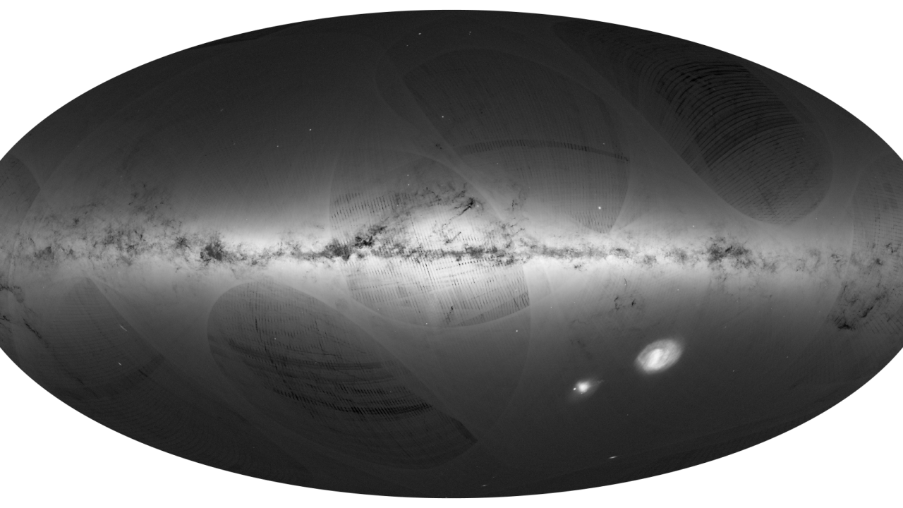An all-sky view of stars the Milky Way and neighbouring galaxies, based on the first year of observations from ESA's Gaia satellite, from July 2014 to September 2015.