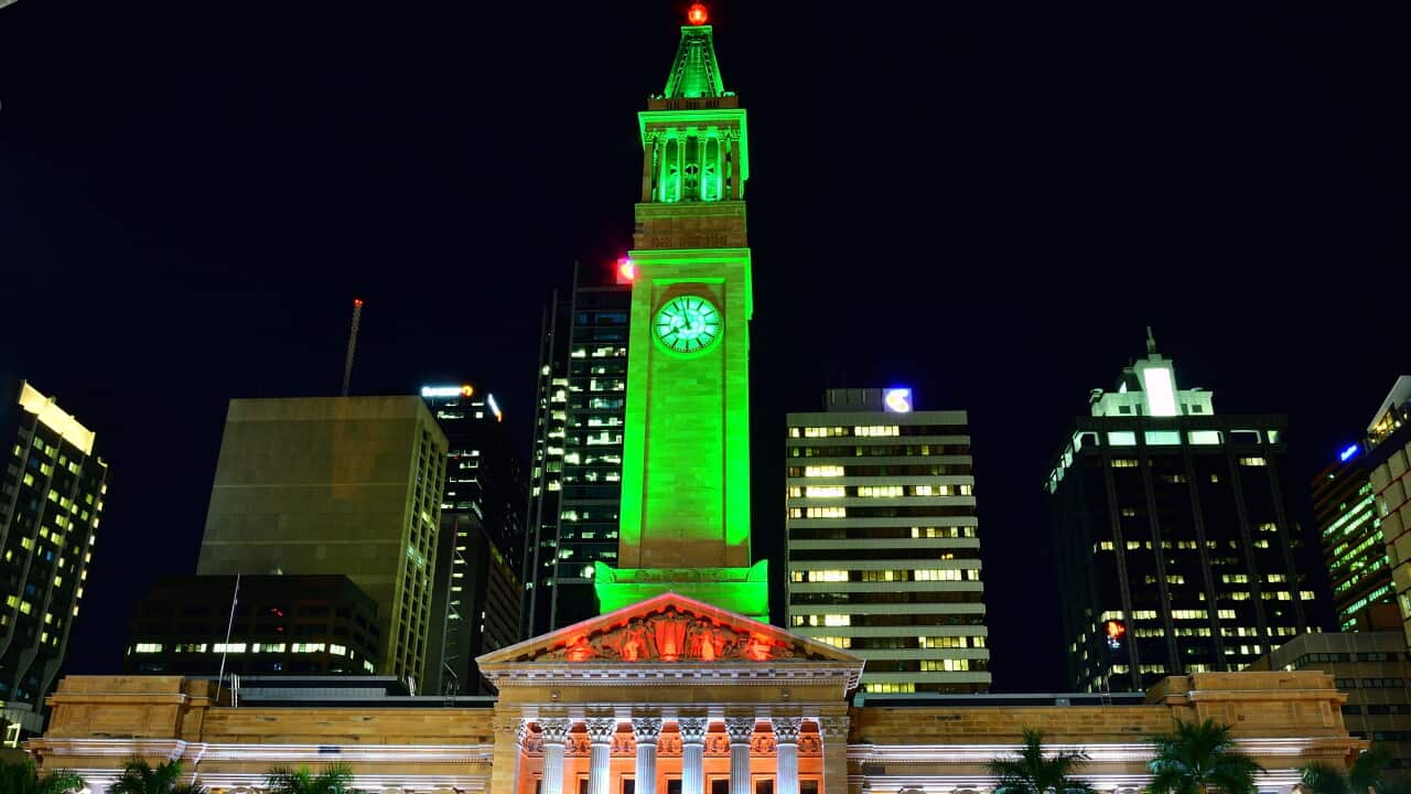 A night shot of Brisbane City Hall, Australia.