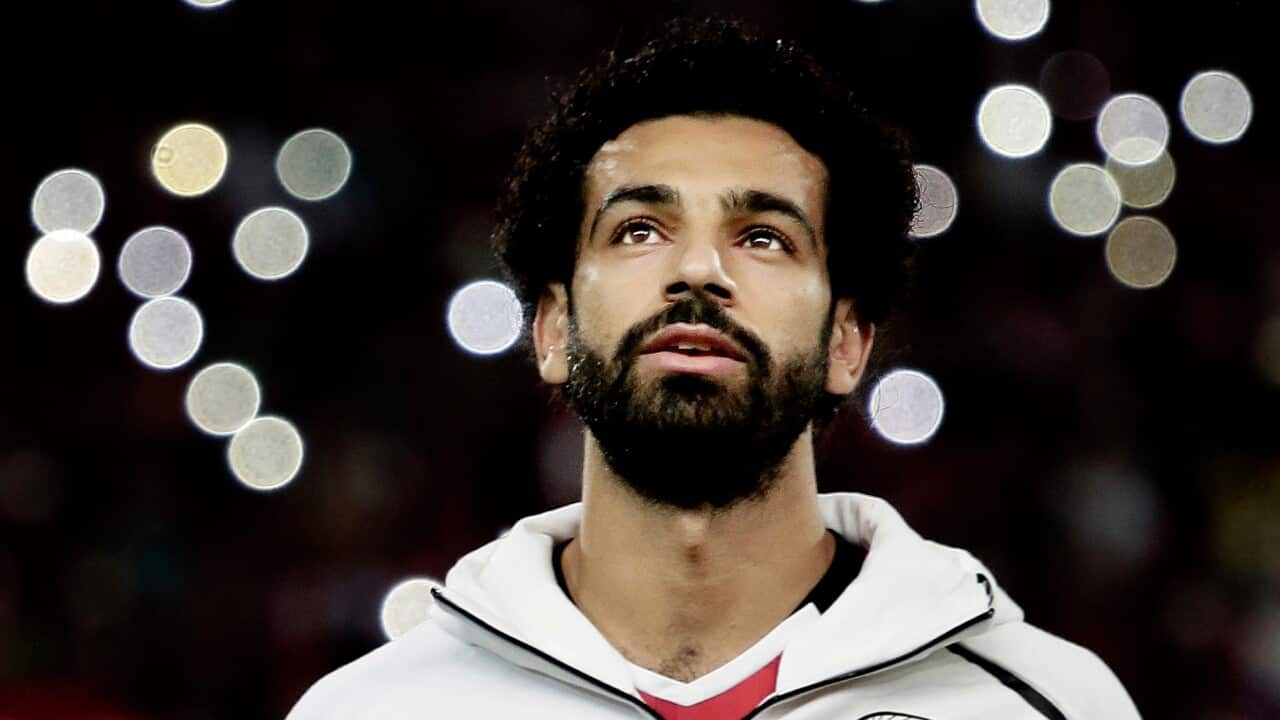 Egypt's Mohamed Salah sings the national anthem