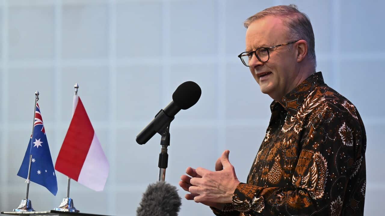 Prime Minister Anthony Albanese delivers a speech at Hasanuddin University in Makassar, Indonesia
