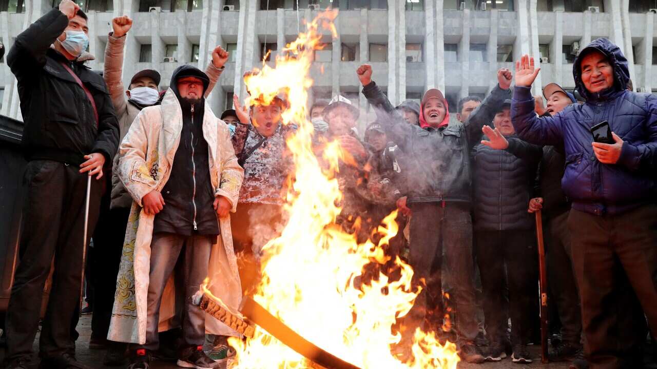 People protested against the results of parliamentary elections at the presidential administration in Bishkek, Kyrgyzstan, 06 October 2020. Protesters have said that the 04 October parliamentary election was rigged. EPA/IGOR KOVALENKO