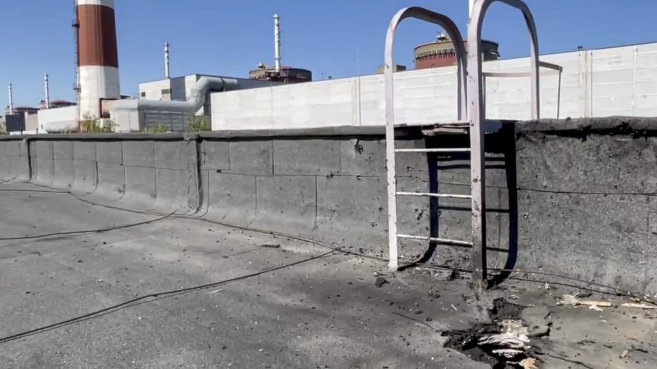 A still image taken a handout video provided by the Russian Defence Ministry's press service shows damage at the Zaporizhzhia Nuclear Power Station