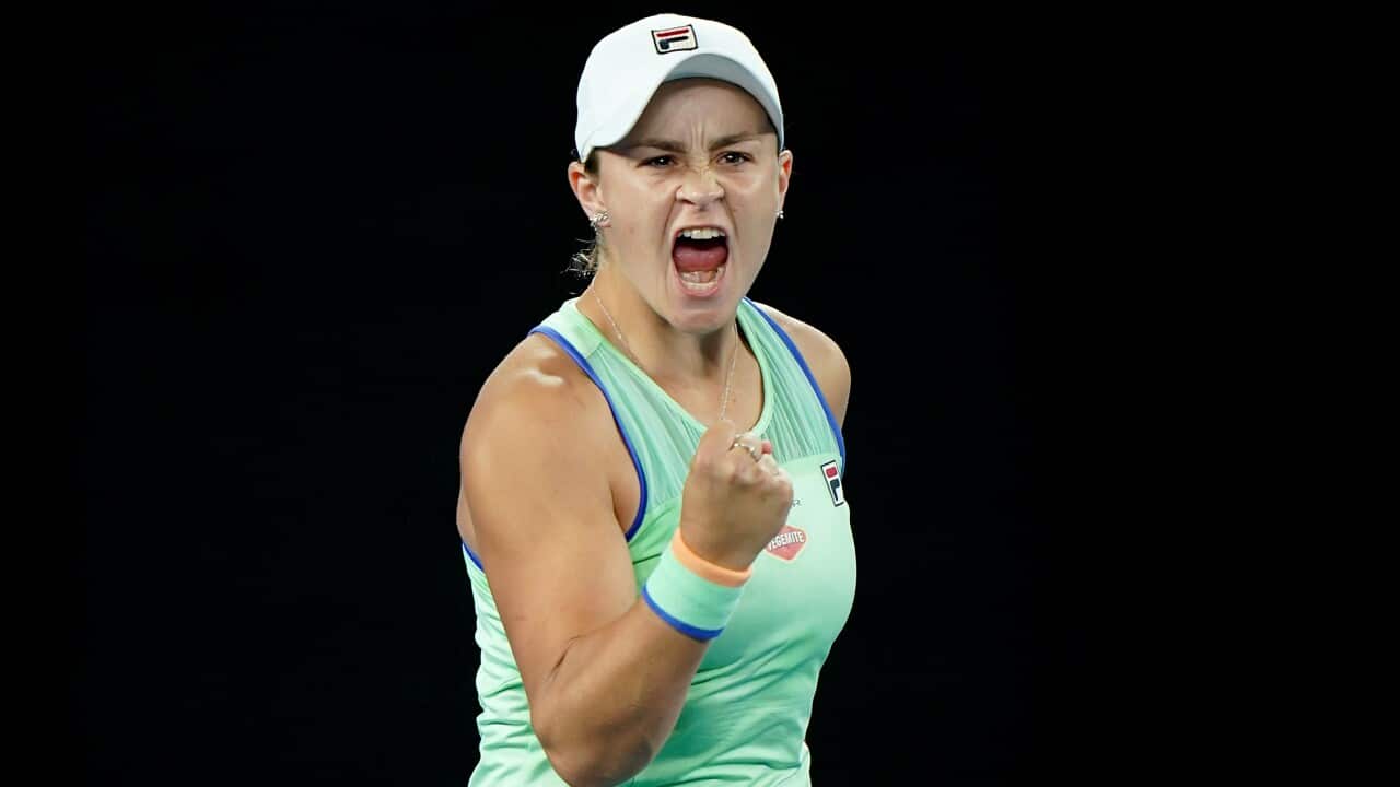 Ashleigh Barty celebrates an Australian Open quarter final berth