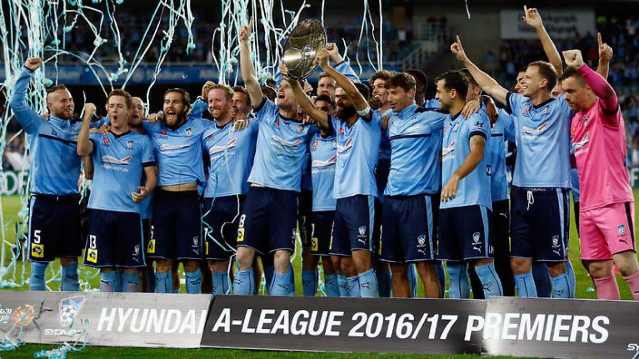 Sydney FC lift the Premiers Plate.