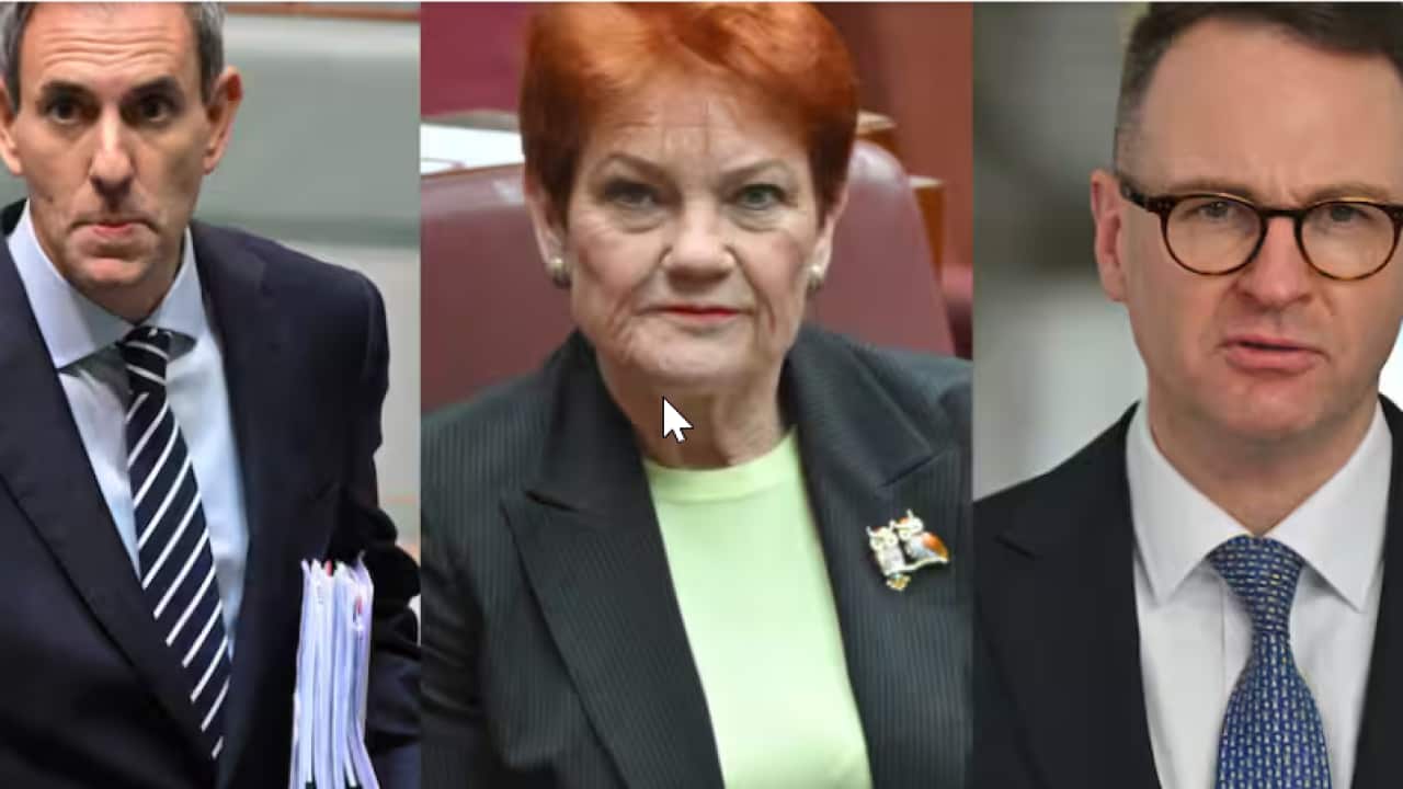 Treasurer Jim Chalmers (left) said superannuation could become an election issue amid criticism from One Nation leader Pauline Hanson (centre) and Liberal senator Andrew Bragg (right)..png