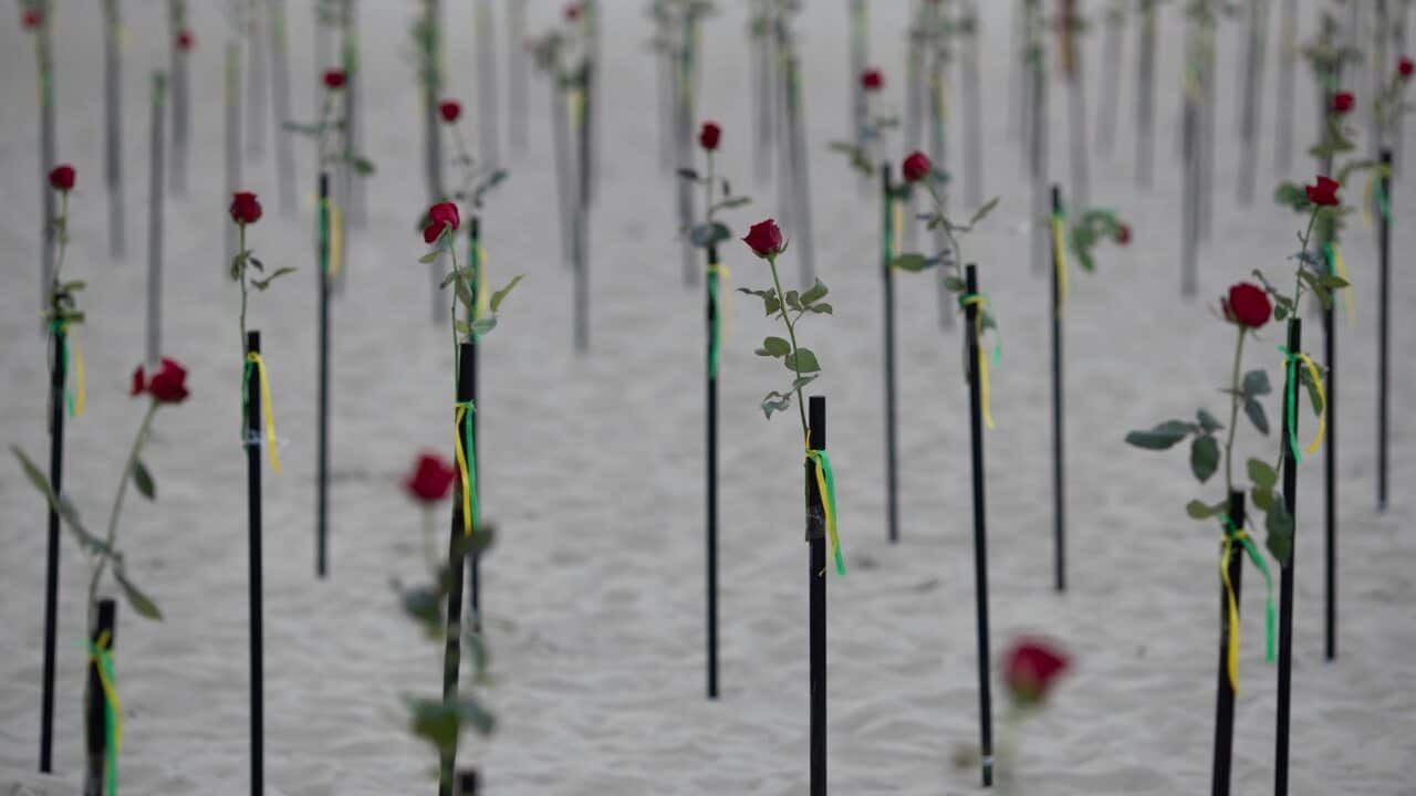 Roses in the sand on Copacabana beach honour 500,000 deaths due to coronavirus in Brazil