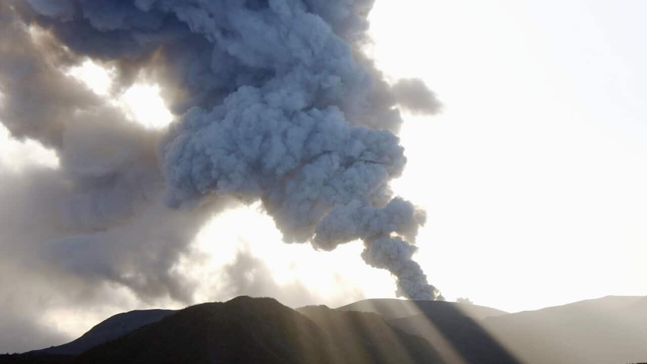 Plumes of smoke billow from Mount Shinmoe on March 6.