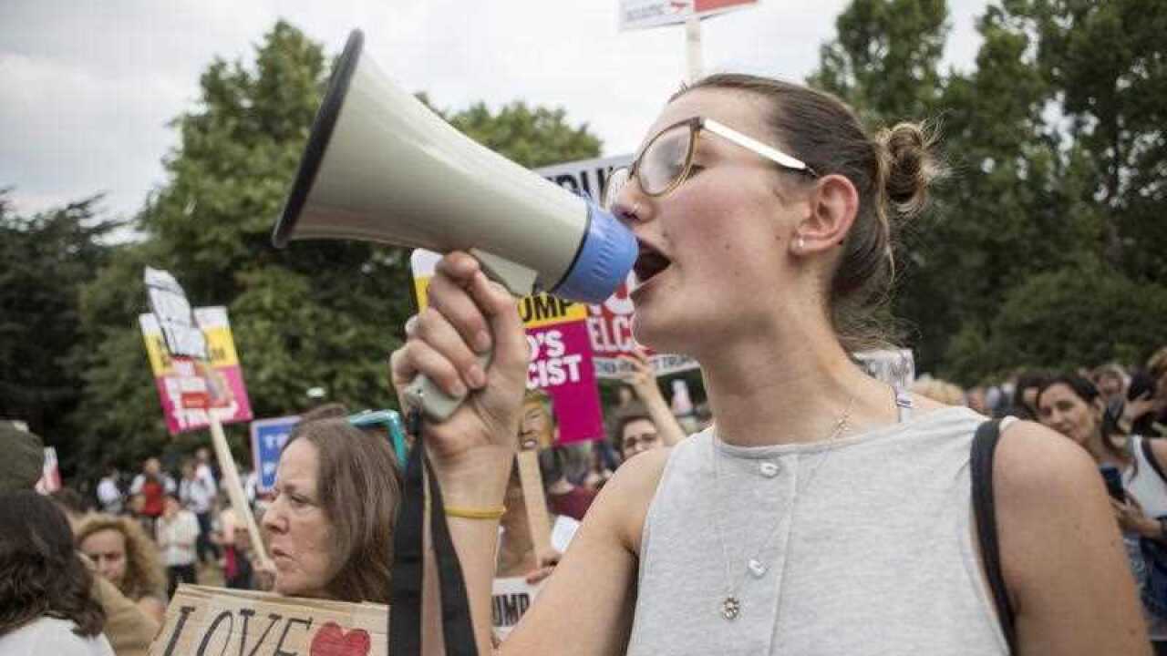 Protesters gather outside the US ambassador's residence in Regent's Park, London, Britain, 12 July 2018, where President Donald J. Trump will stay.
