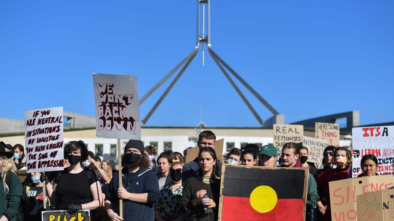 Black Lives Matter protesters in front of Parliament House in Canberra, Friday, June 5, 2020. The protesters were demonstrating aboriginal deaths in custody and the death of George Floyd in the United States. (AAP Image/Mick Tsikas) NO ARCHIVING