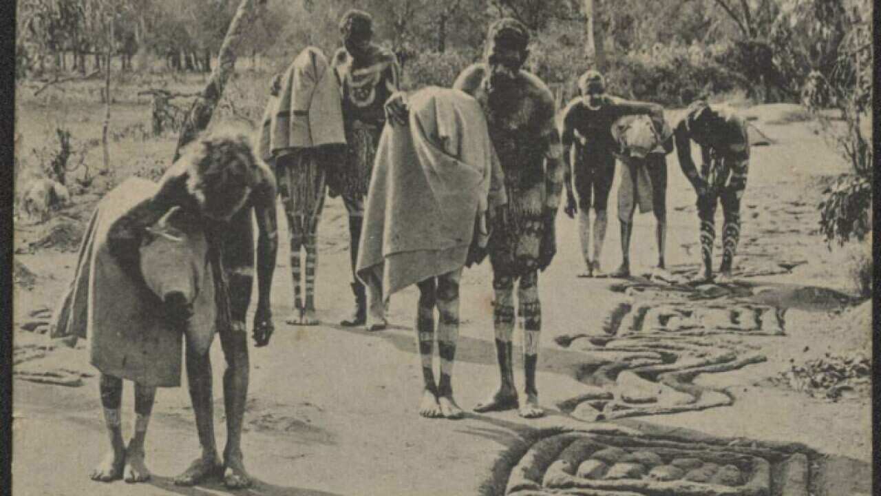 Part of the: Jim Davidson Australian postcard collection, 1880-1980. "Bora Ceremony. Series 5 Australian Aboriginals"