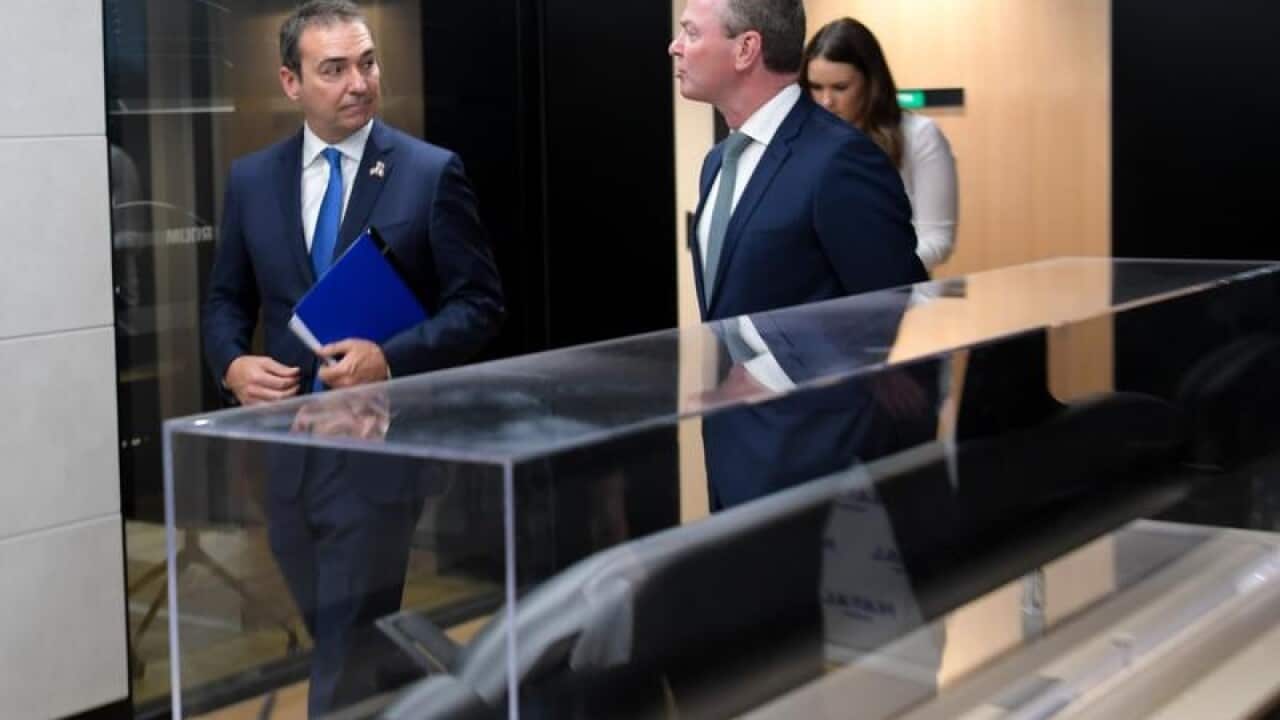 Steven Marshall and Christopher Pyne at a subs contract announcement.