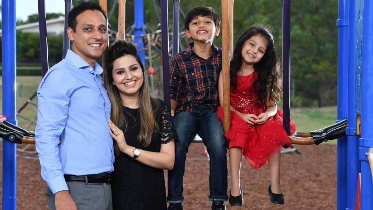 Dr Mohsin Ali Tariq (left) and his wife Dr Bushra Mumtaz (right) are seen with their children AbdulWali Mohsin age 7 and Minaal Ali age 4 at Bremervale Park in Ipswich