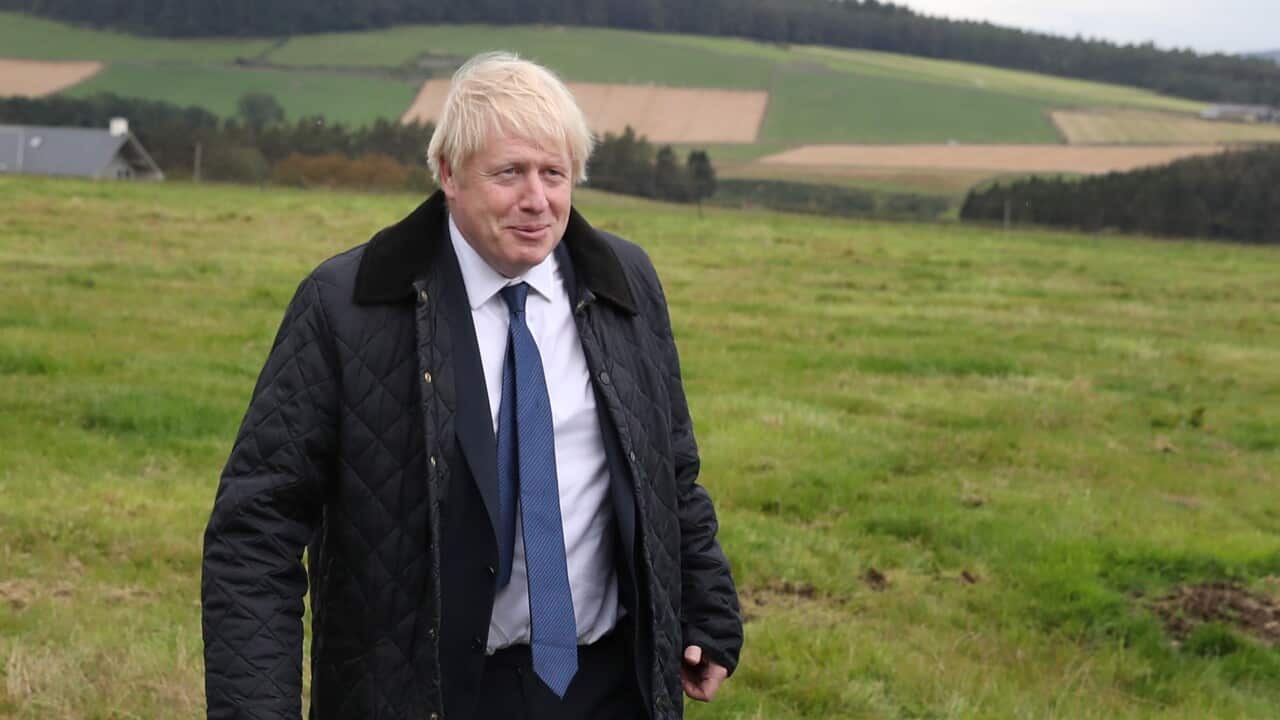 Prime Minister Boris Johnson during a visit to Darnford Farm in Banchory near Aberdeen