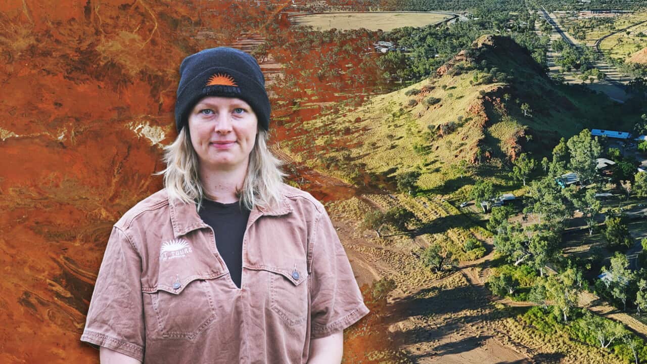 A woman wearing a black beanie and a faded red shirt stands in front of images of the Red Centre landscape before and after its transformation.