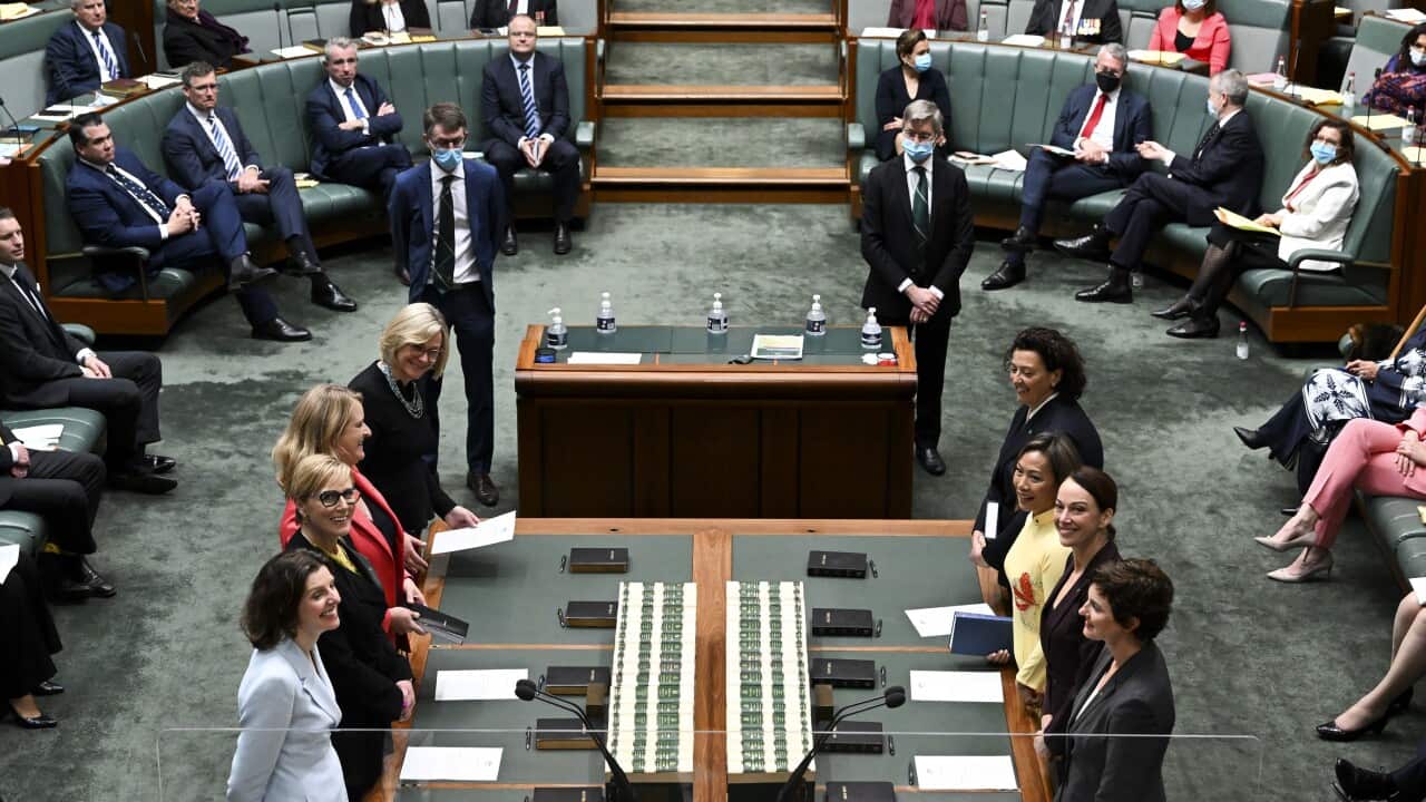 Crossbench MPs Allegra Spender, Zoe Daniels, Kylea Tink, Zali Steggall, Monique Ryan, Dai Le, Sophie Scamps and Kate Chaney take the affirmation of allegiance in the House of Representatives