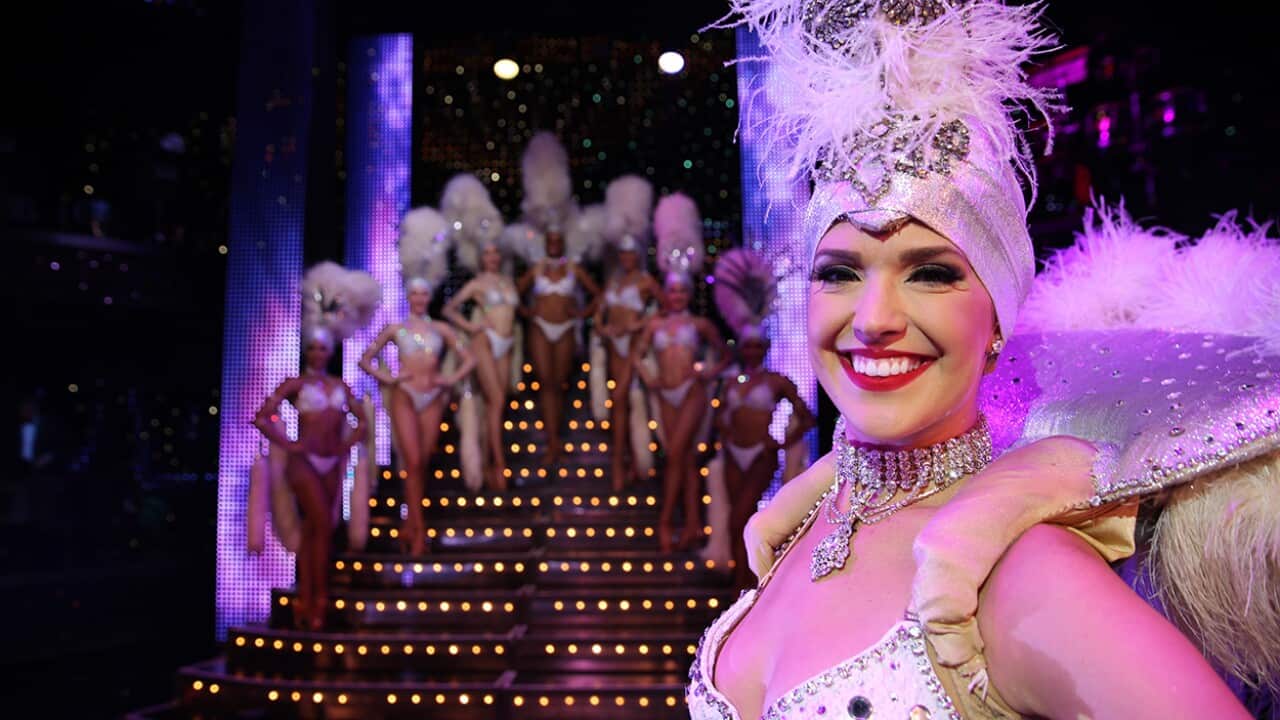 Brittany, Las Vegas showgirl, in front of the Vegas! The Show stage.