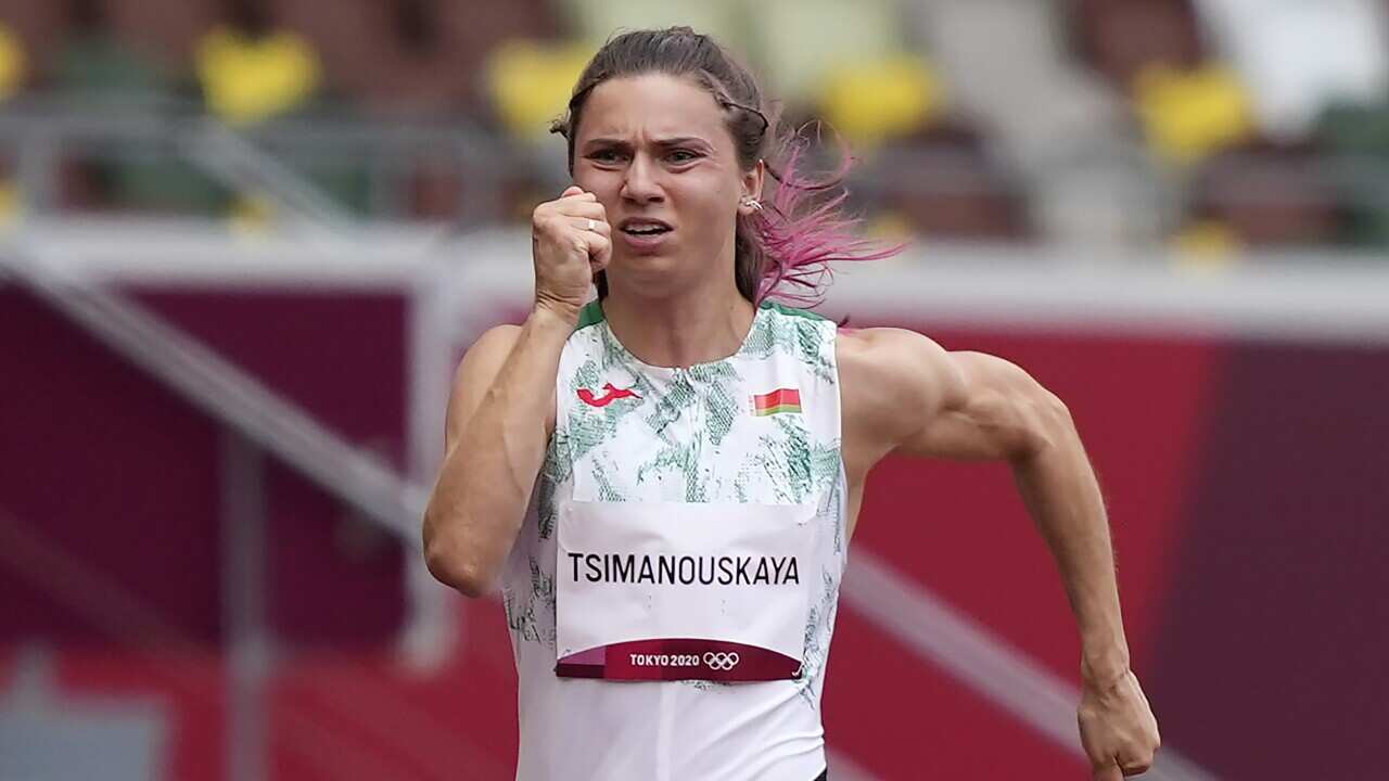 Athlete Kristina Tsimanouskaya of Belarus competes during the heats at the Tokyo Summer Olympics.