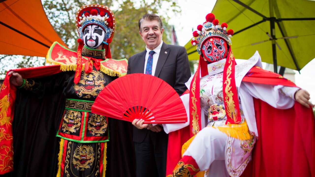 Minister for Multiculturalism Ray Williams (centre) is seen with participants ahead of the 2019 Parramasala Festival Parade in Sydney