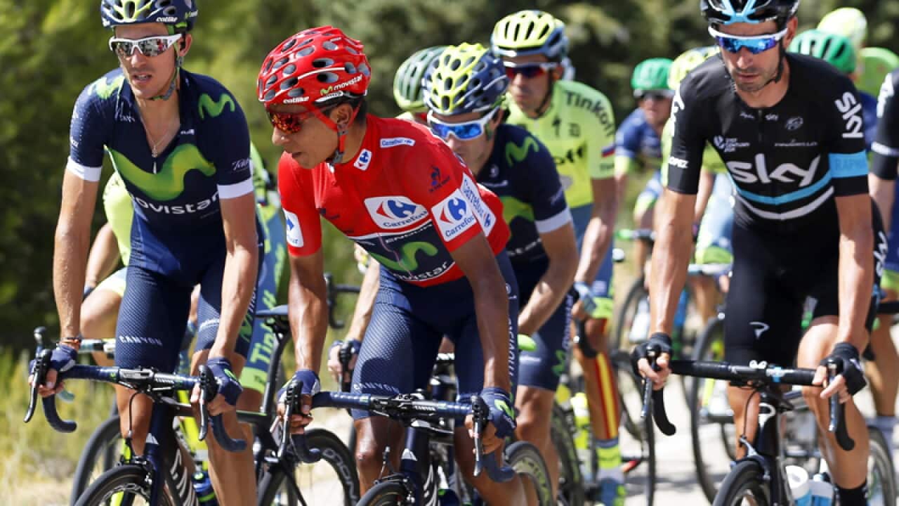Colombian rider Nairo Quintana (2-L) of the Movistar Team