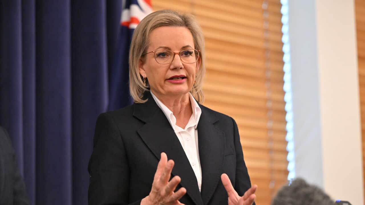 A woman in a dark blazer is gesticulating with her hands as she speaks.